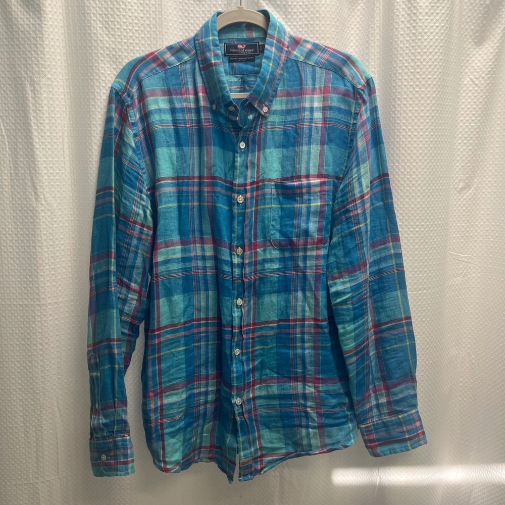 Vineyard Vines Slim Fit Murray Shirt Mens Large Blue Pink Plaid 100% Linen